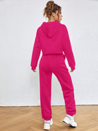 EZwear Drop Shoulder Drawstring Hem Thermal Lined Crop Hoodie & Sweatpants shein
