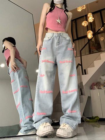 Letter Graphic Wide Leg Jeans shein