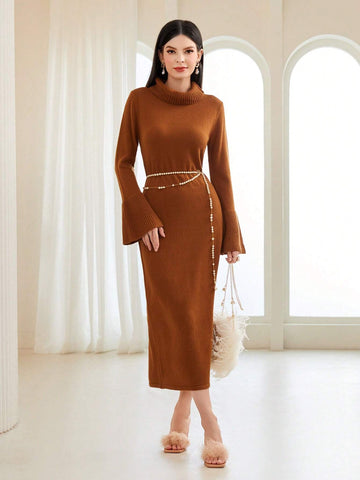 Modely Funnel Neck Flounce Sleeve Sweater Dress Without Belt shein