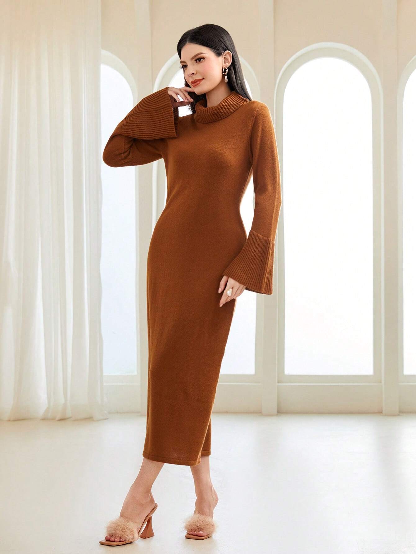 Modely Funnel Neck Flounce Sleeve Sweater Dress Without Belt shein