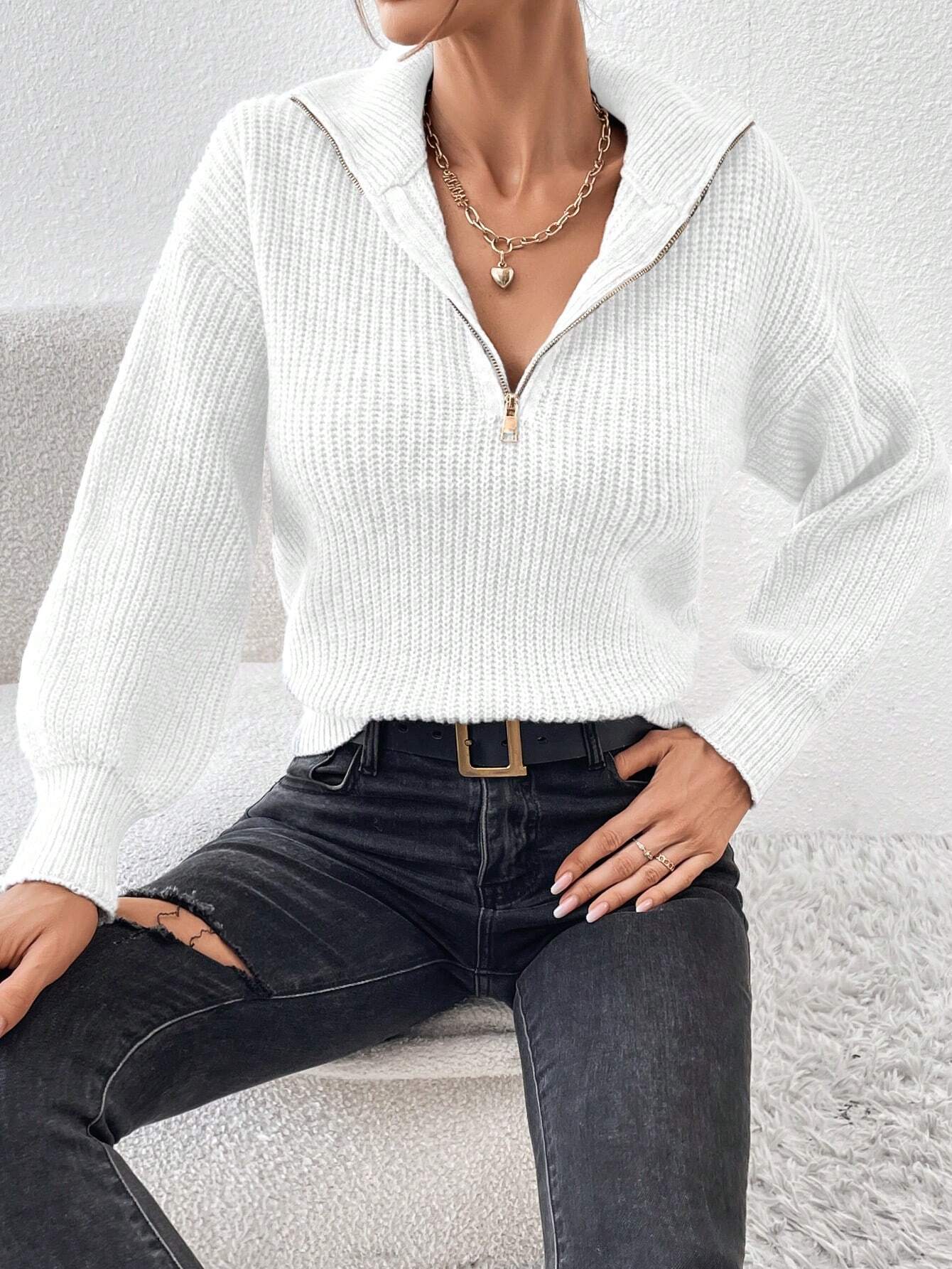 Frenchy Half Zip Drop Shoulder Grain Sweater shein
