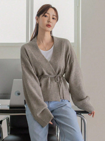 Dazy-Less Drop Shoulder Belted Cardigan shein