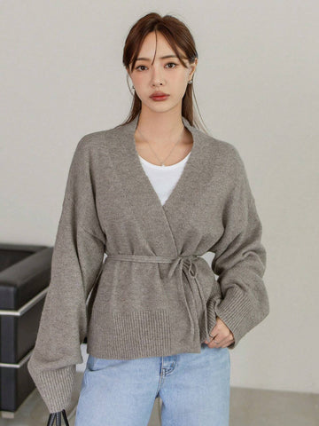 Dazy-Less Drop Shoulder Belted Cardigan shein