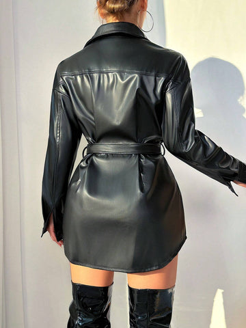 MOOSTA Flap Detail Belted PU Leather Coat shein