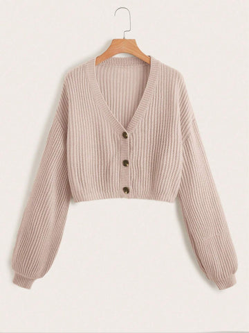 EZwear Lantern Sleeve Button Front Rib Knit Cardigan