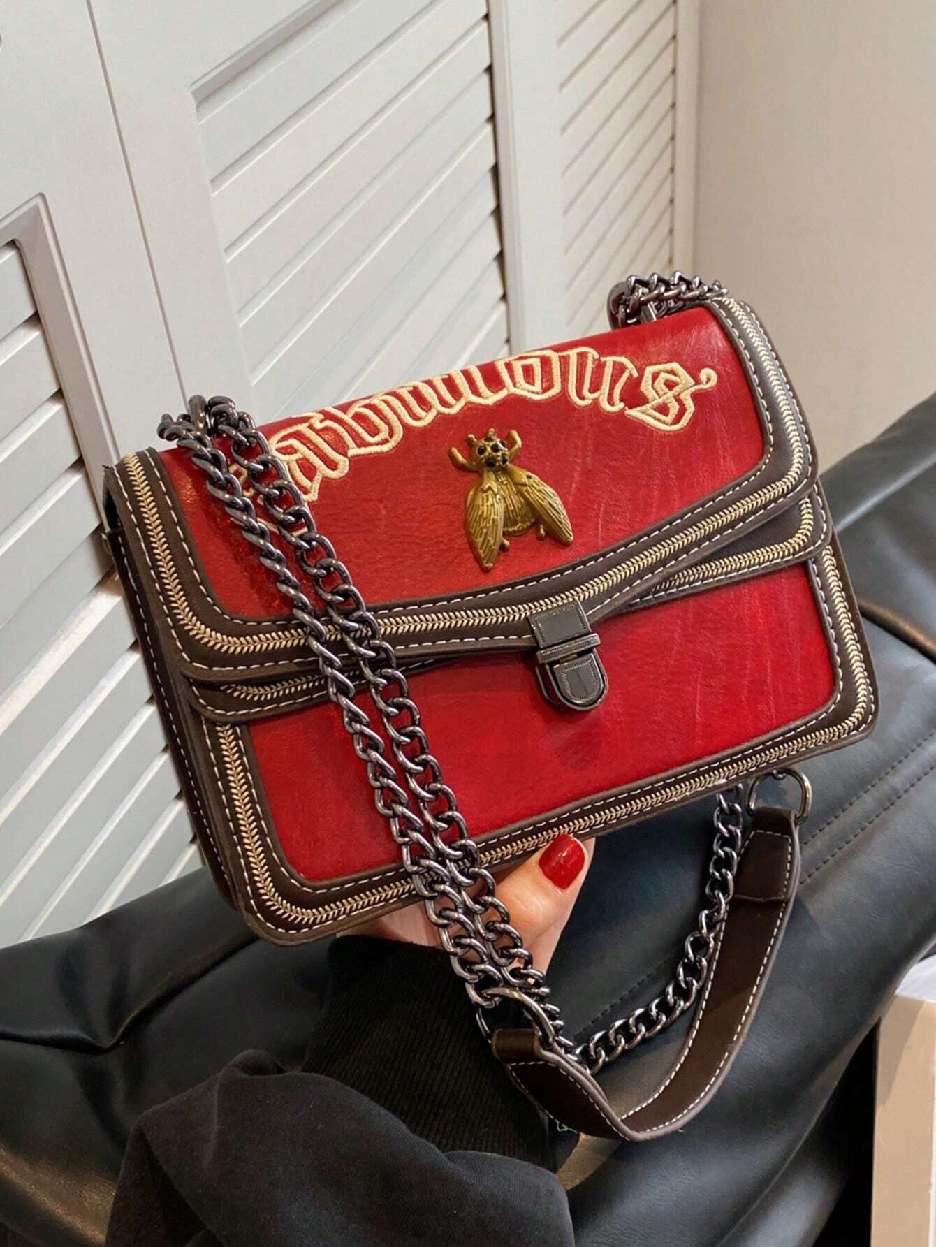 Small Flap Square Bag Letter Embroidered Metal Decor shein