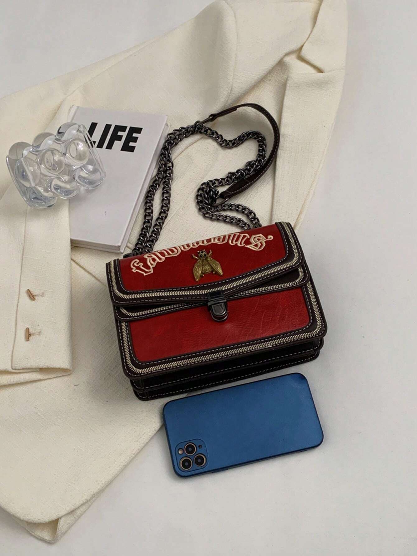 Small Flap Square Bag Letter Embroidered Metal Decor shein