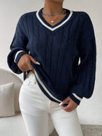 Relaxiva Striped Trim Cable Knit Drop Shoulder Sweater shein
