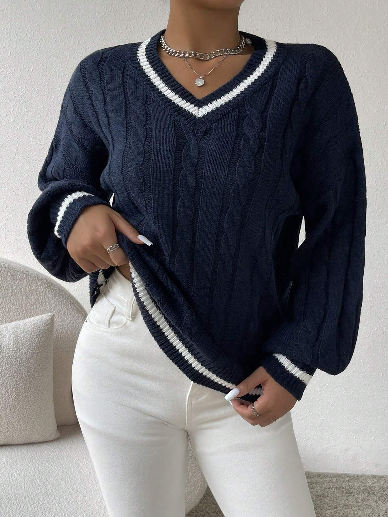 Relaxiva Striped Trim Cable Knit Drop Shoulder Sweater shein