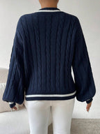 Relaxiva Striped Trim Cable Knit Drop Shoulder Sweater shein