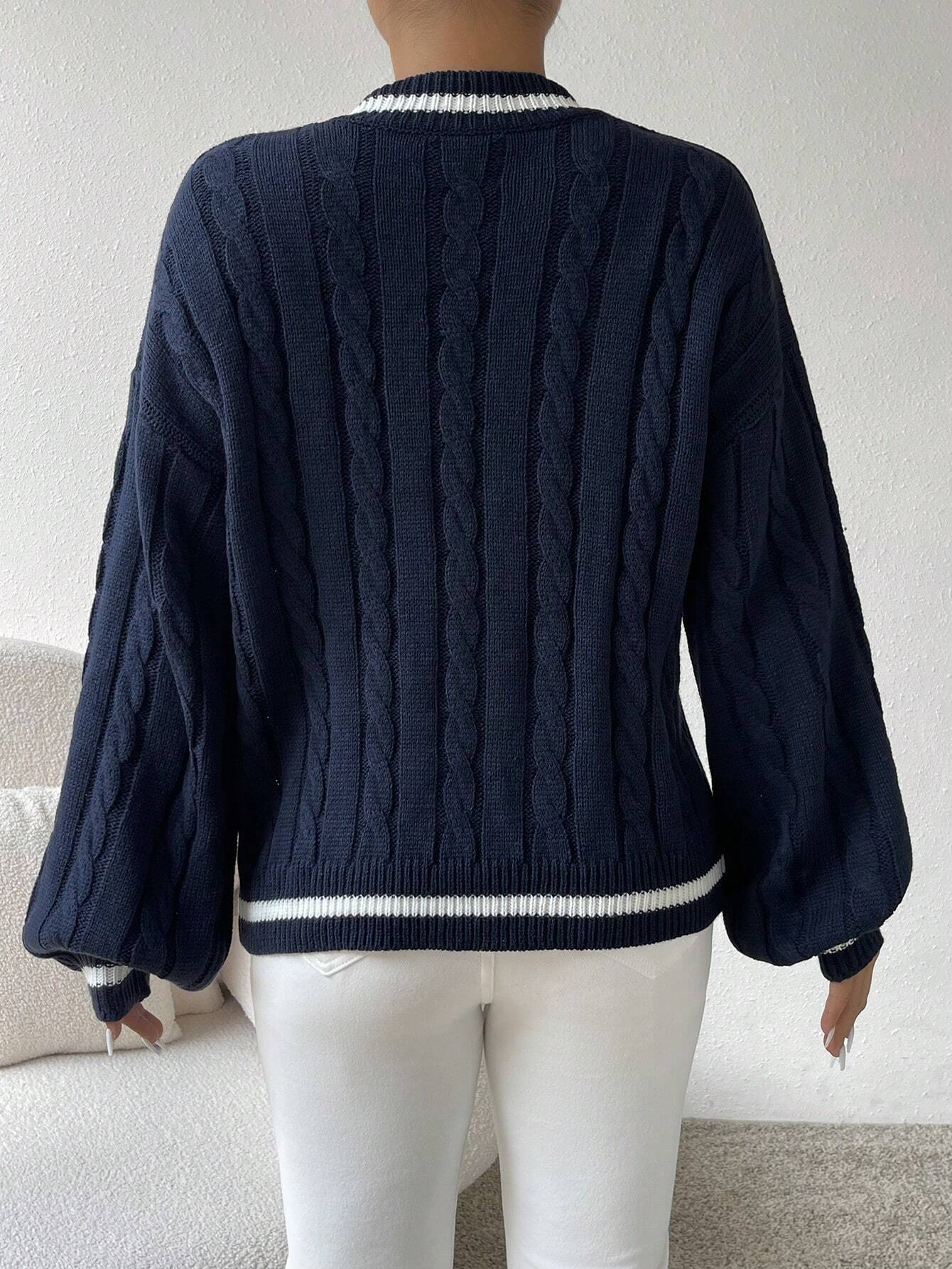 Relaxiva Striped Trim Cable Knit Drop Shoulder Sweater shein
