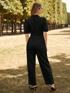Frenchy Women Color Patch Neck Short Puff Sleeves Insert Pockets Elegant Jumpsuit shein