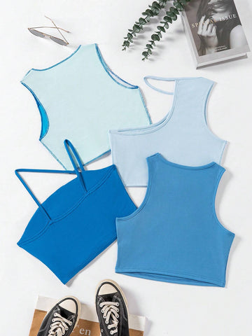 EZwear 3pcs Ribbed Knit Tank Top & 1pc Cami Top shein