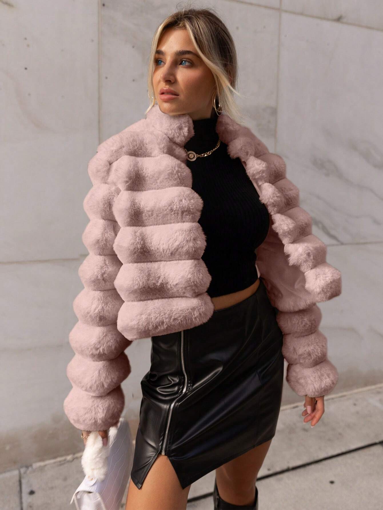 Privé Going Out Solid Open Front Crop Fuzzy Coat shein