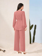 Mulvari Lantern Sleeve Belted Top & Split Hem Pants shein
