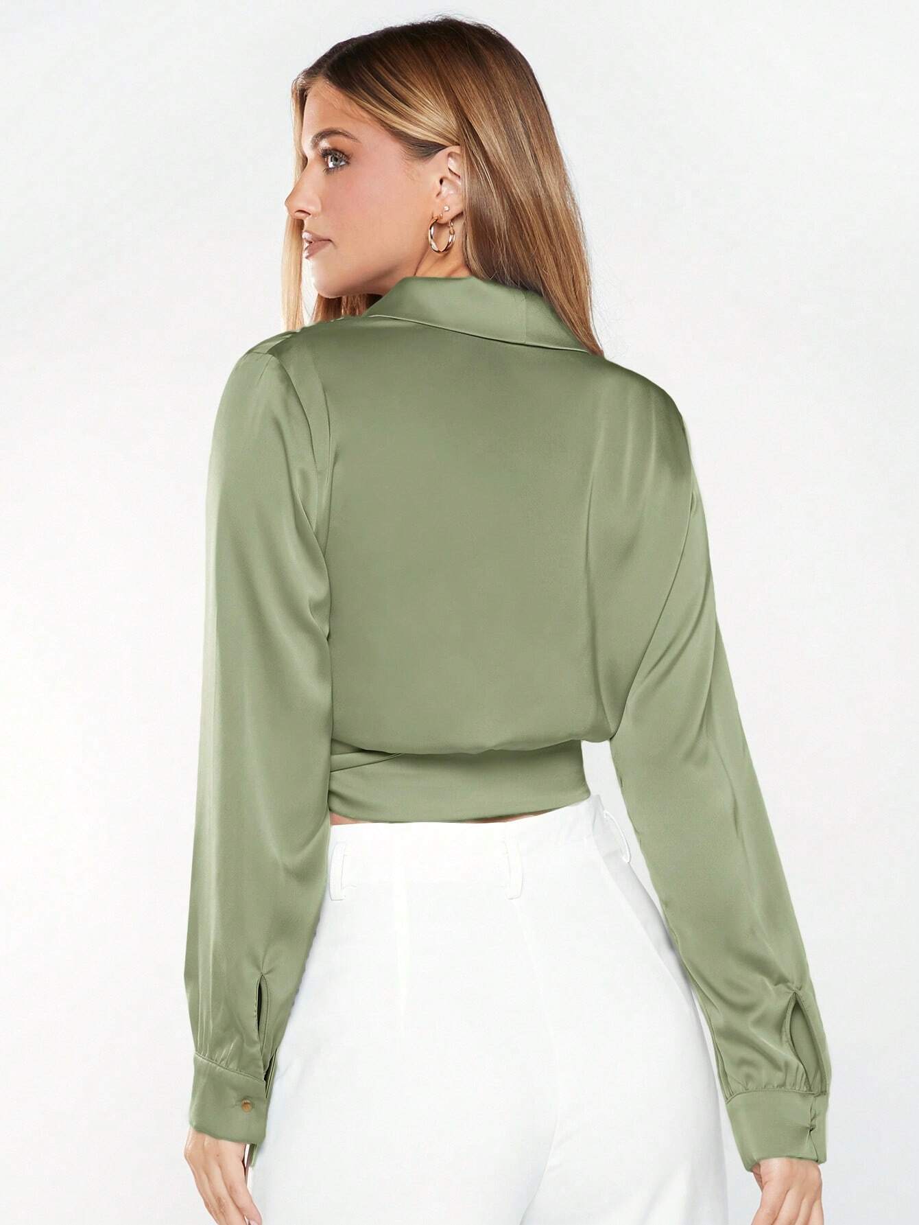 BizChic Solid Knot Side Wrap Satin Crop Blouse shein