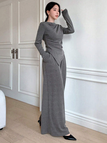 DAZY Solid Color Asymmetrical Hem Ruched T-Shirt And Wide Leg Pants