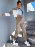 MOOSTA Two Tone Drop Shoulder Letter Tape Zipper Up Jacket & Cargo Pants shein