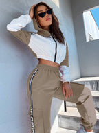MOOSTA Two Tone Drop Shoulder Letter Tape Zipper Up Jacket & Cargo Pants shein