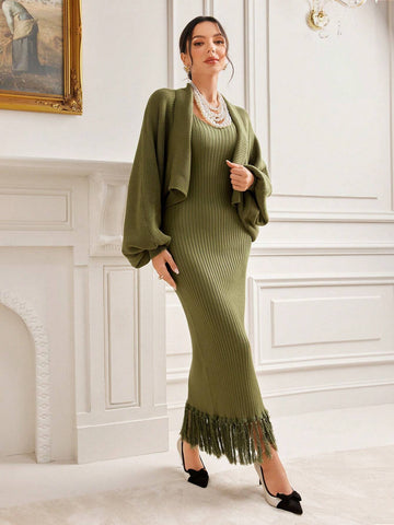 Modely Lantern Sleeve Cardigan And Vest Sweater Dress Set