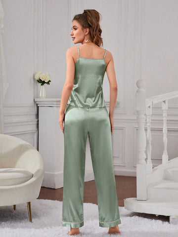 Contrast Piping Satin PJ Set shein