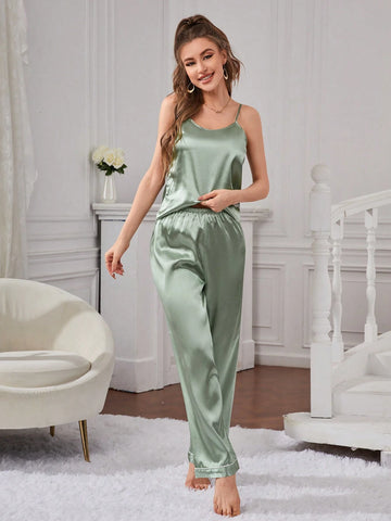 Contrast Piping Satin PJ Set shein