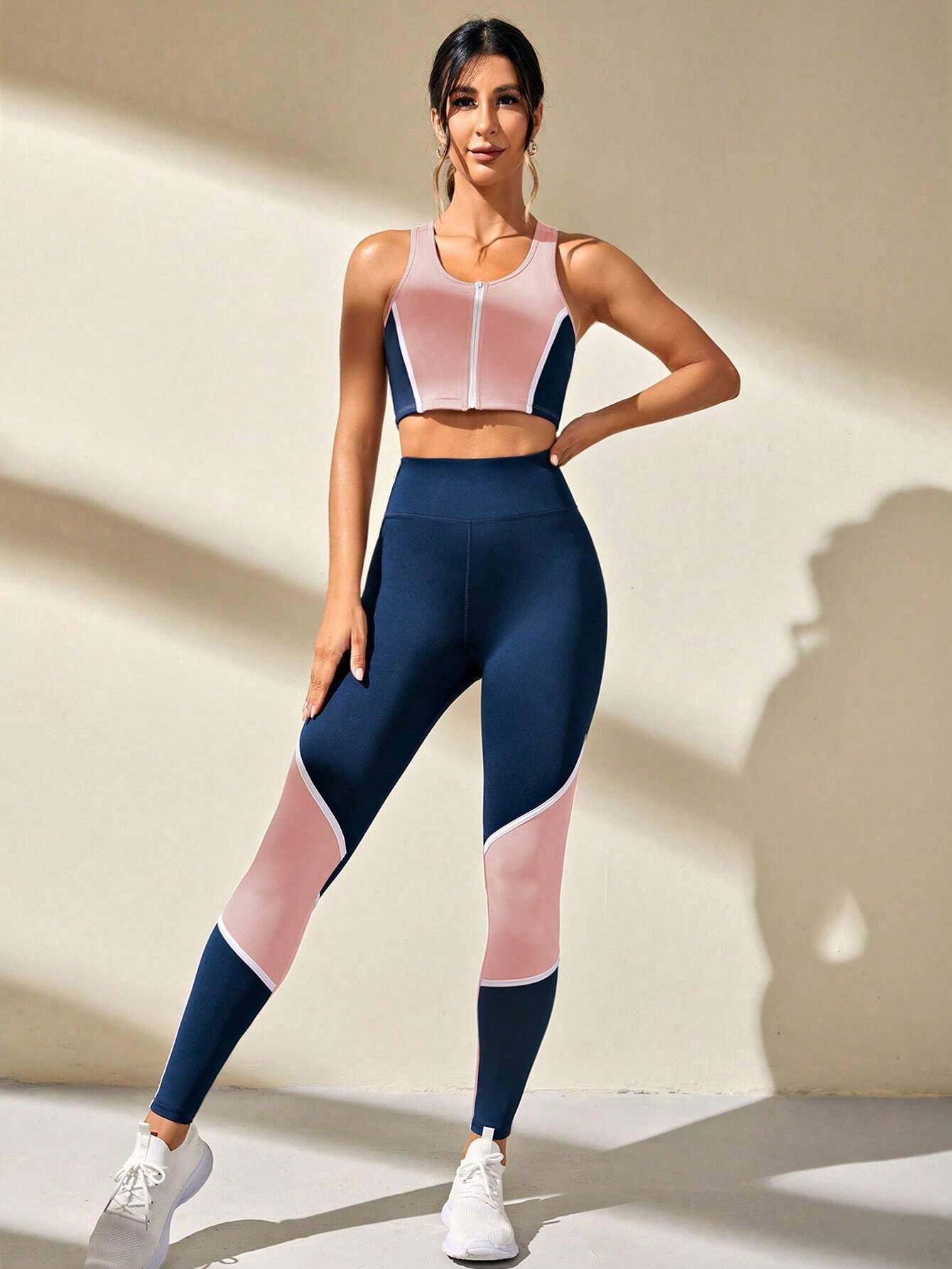 Women Summer Color-Block Crop Tank Top And Slim Fit Leggings Sportswear Set shein