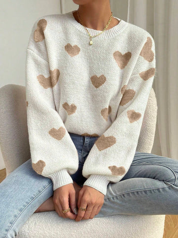 Relaxiva Women Casual Heart Pattern Dropped Shoulder Loose Knit Sweater