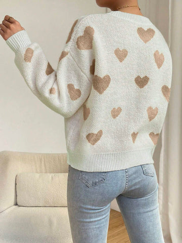 Relaxiva Women Casual Heart Pattern Dropped Shoulder Loose Knit Sweater