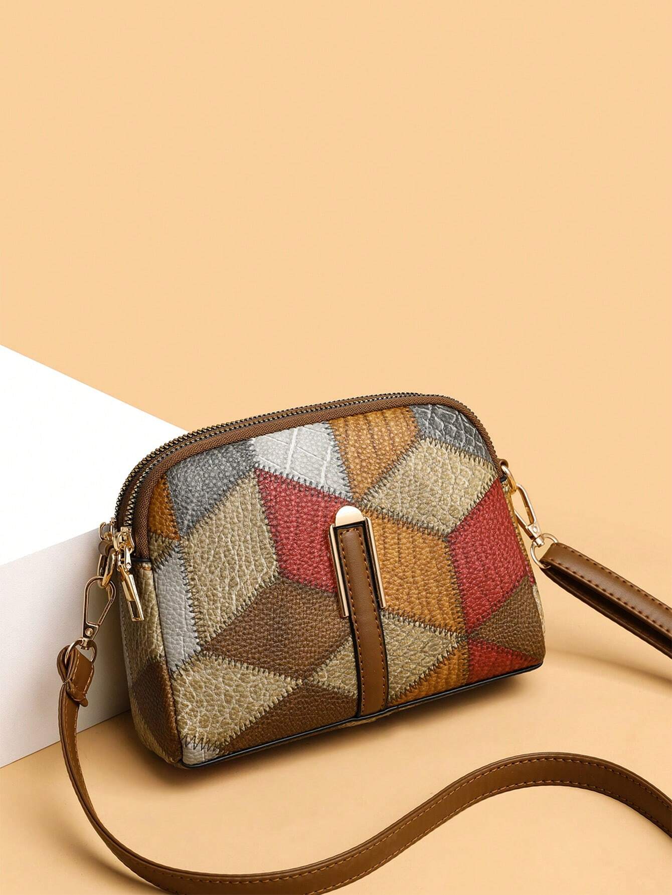 1pc Multicolor Pu Decorated, Simple & Vintage Style Multi-layer Crossbody Bag shein
