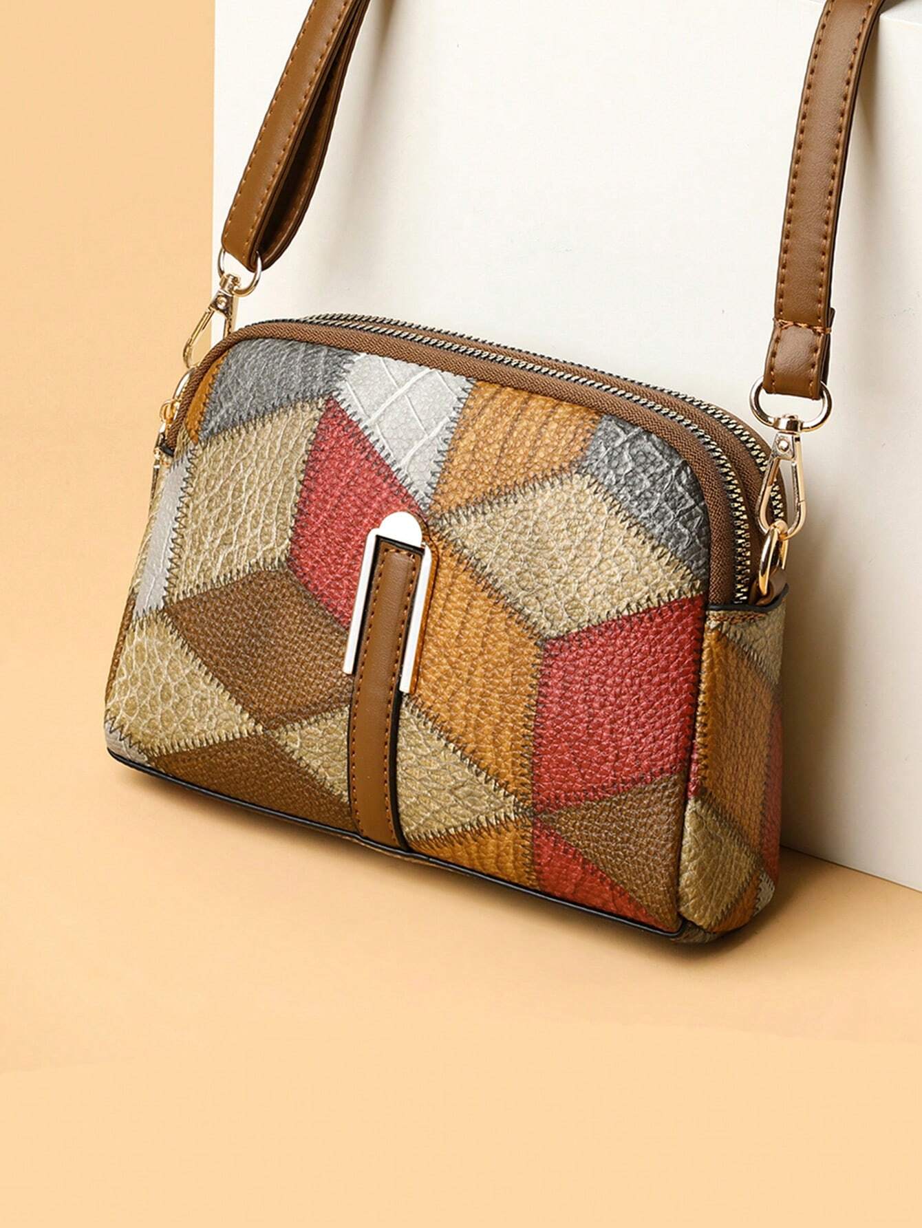 1pc Multicolor Pu Decorated, Simple & Vintage Style Multi-layer Crossbody Bag shein
