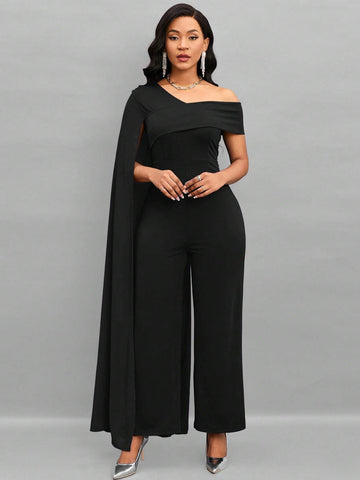 Lady Asymmetrical Neck Cloak Sleeve Wide Leg Jumpsuit shein