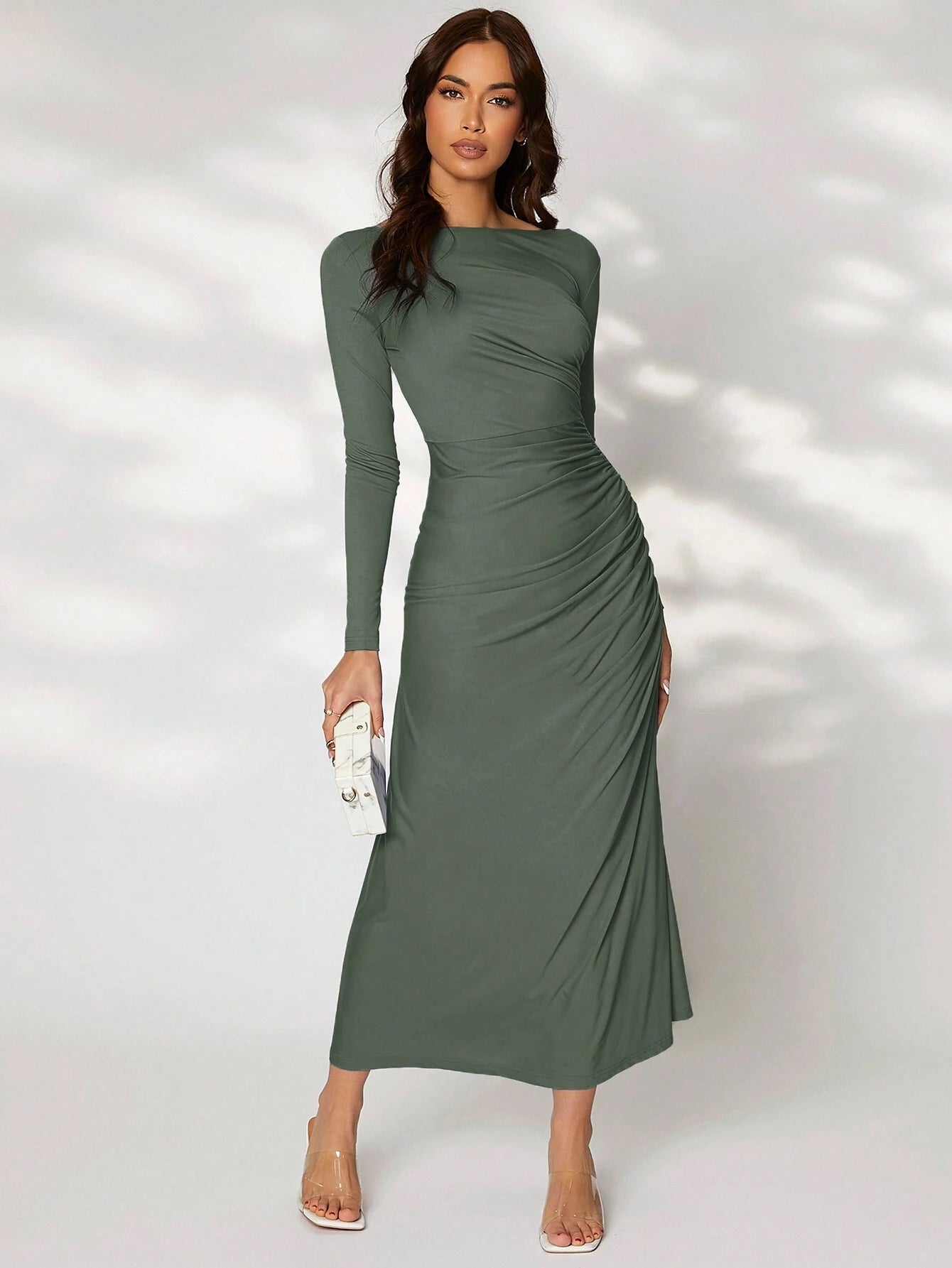 Modely Solid Ruched Side Dress shein