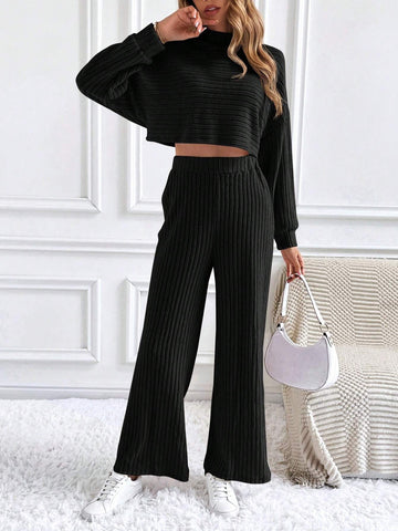 Frenchy Mock Neck Drop Shoulder Tee & Wide Leg Pants shein