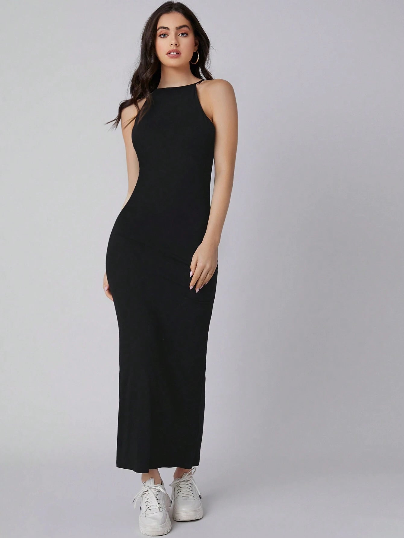 BIZwear Solid Color Halter Neck Black Long Dress As Workwear shein