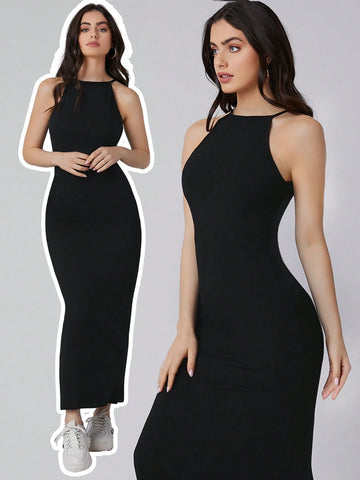 BIZwear Solid Color Halter Neck Black Long Dress As Workwear shein