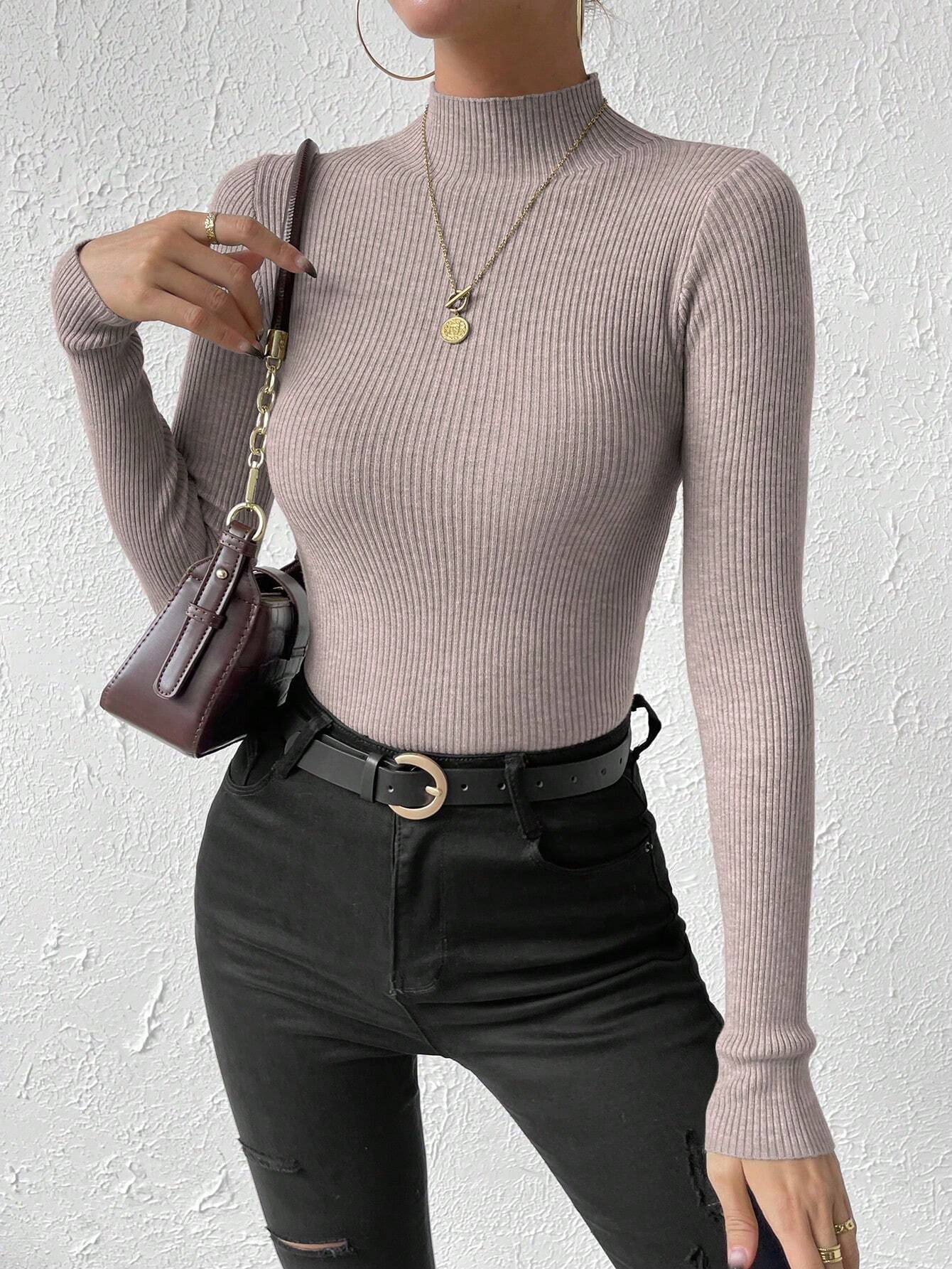 Essnce Mock Neck Ribbed Knit Sweater shein