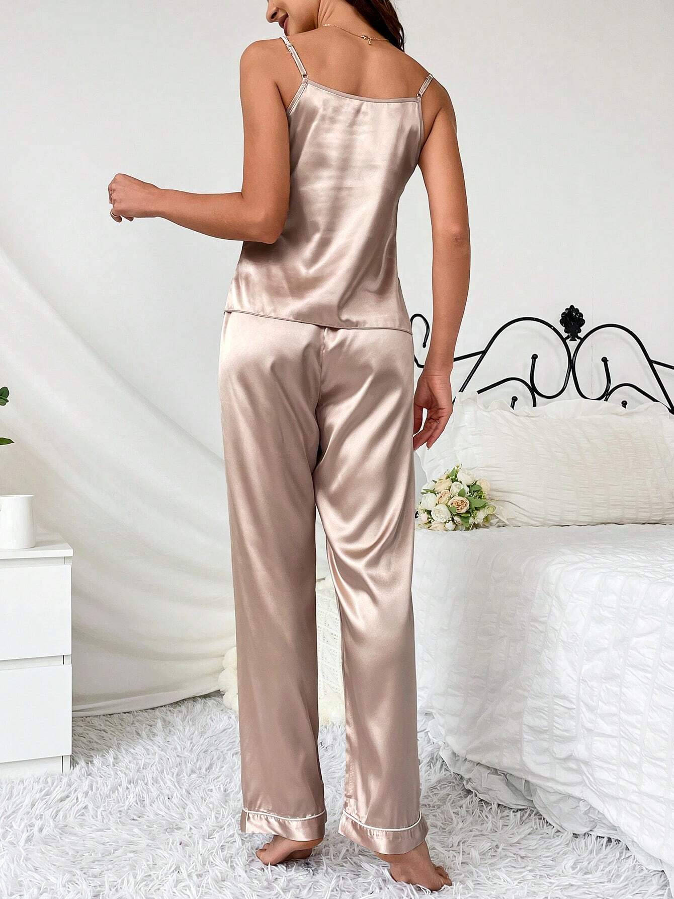 Contrast Piping Satin PJ Set shein