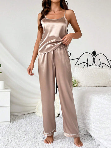 Contrast Piping Satin PJ Set shein