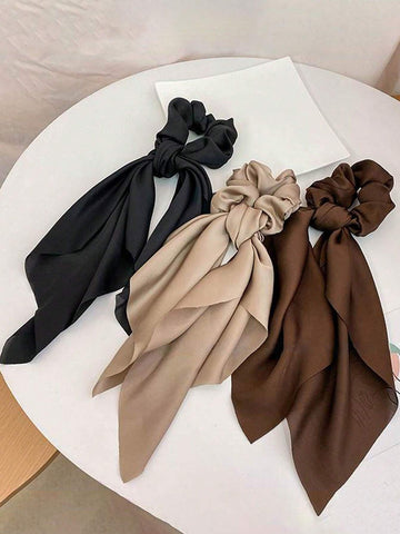 3pcs Ladies' Black, Khaki, Coffee Satin Ribbon Headband & Hair Ties; Fashionable, Versatile, Elegant shein