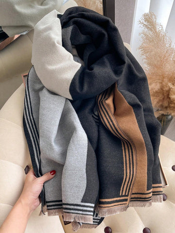legant 1pc Women's Autumn And Winter Double-Sided Faux Cashmere Patchwork Fashionable All-Match Air Conditioning Shawl Thickened Warm Scarf shein