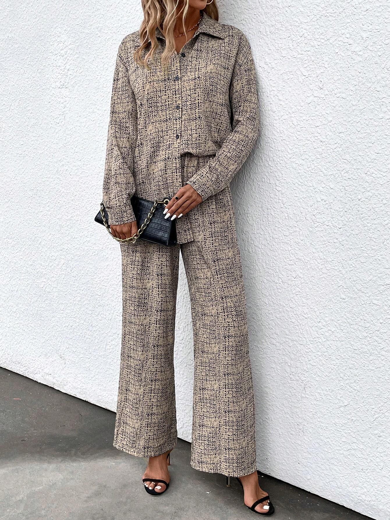 Priv� Argyle Print Drop Shoulder Blouse & Wide Leg Pants shein