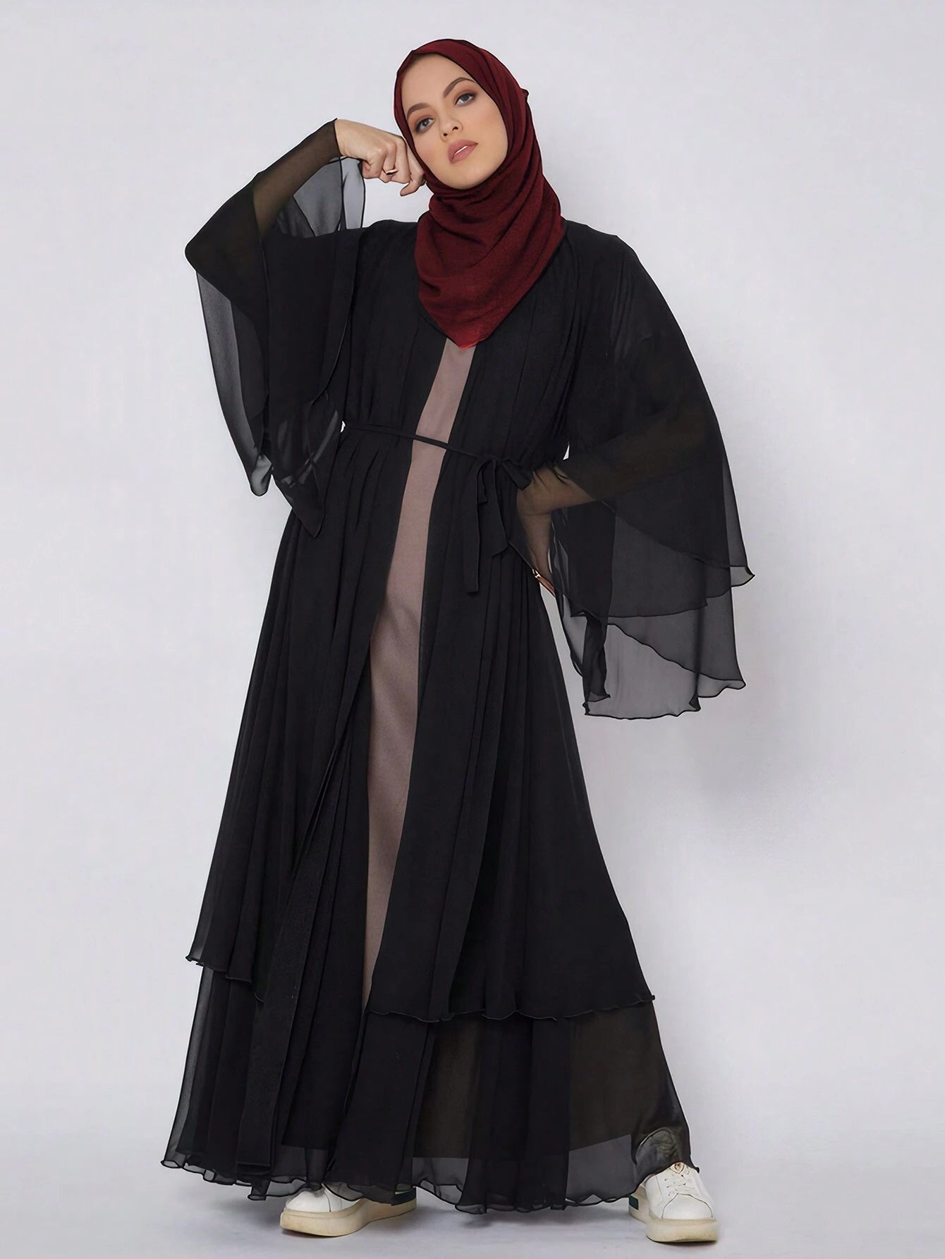 1pc Double Layer Chiffon Solid Color Casual Loose Plus Size Women's Long Robe Cardigan shein