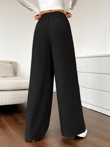 EZwear Solid Color Pleated Wide Leg Pants shein