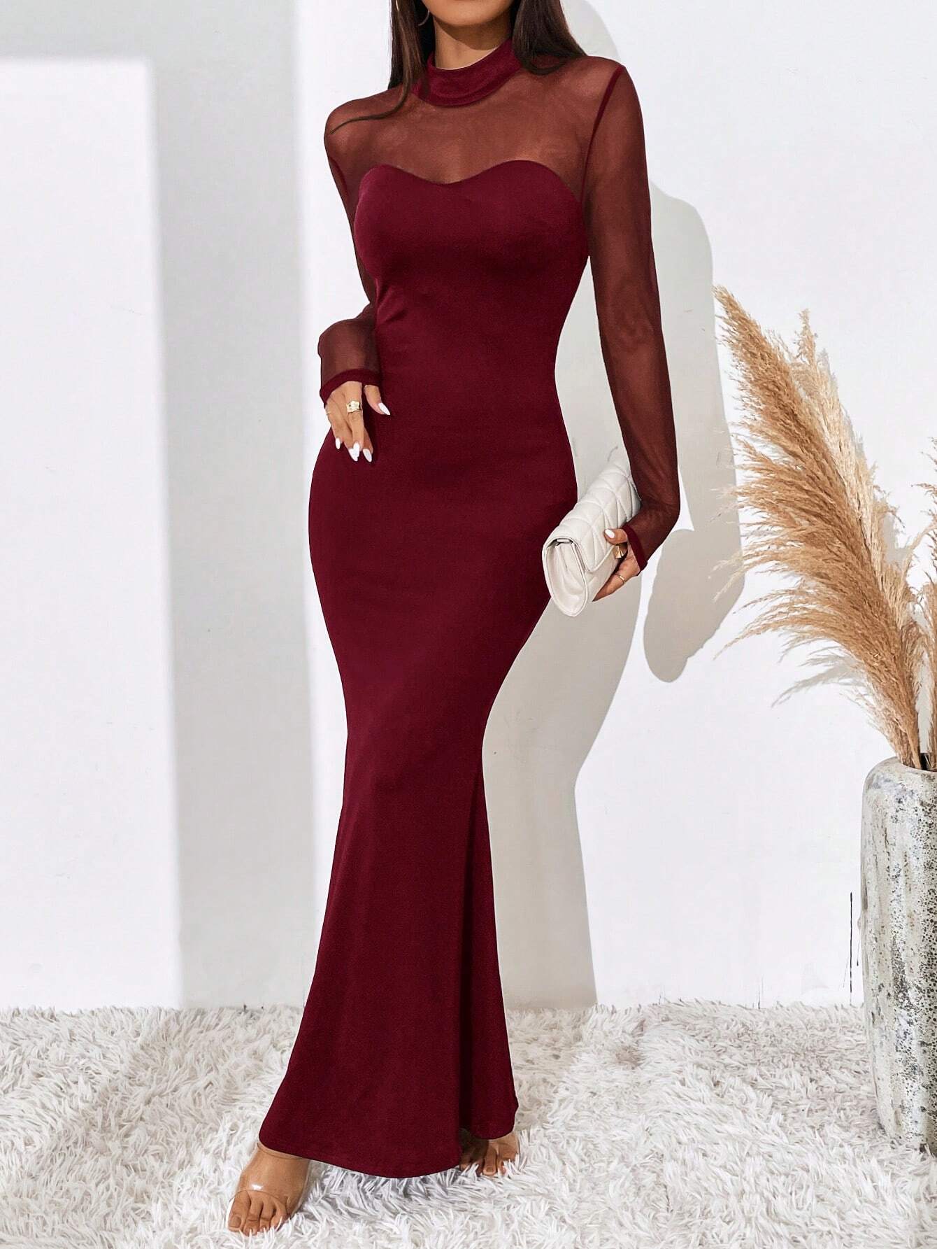 BAE Contrast Mesh Mock Neck Mermaid Hem Dress shein