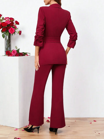 Clasi Ladies Belted Three-quarter Sleeve Suit With Pleats