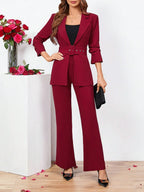 Clasi Ladies Belted Three-quarter Sleeve Suit With Pleats shein