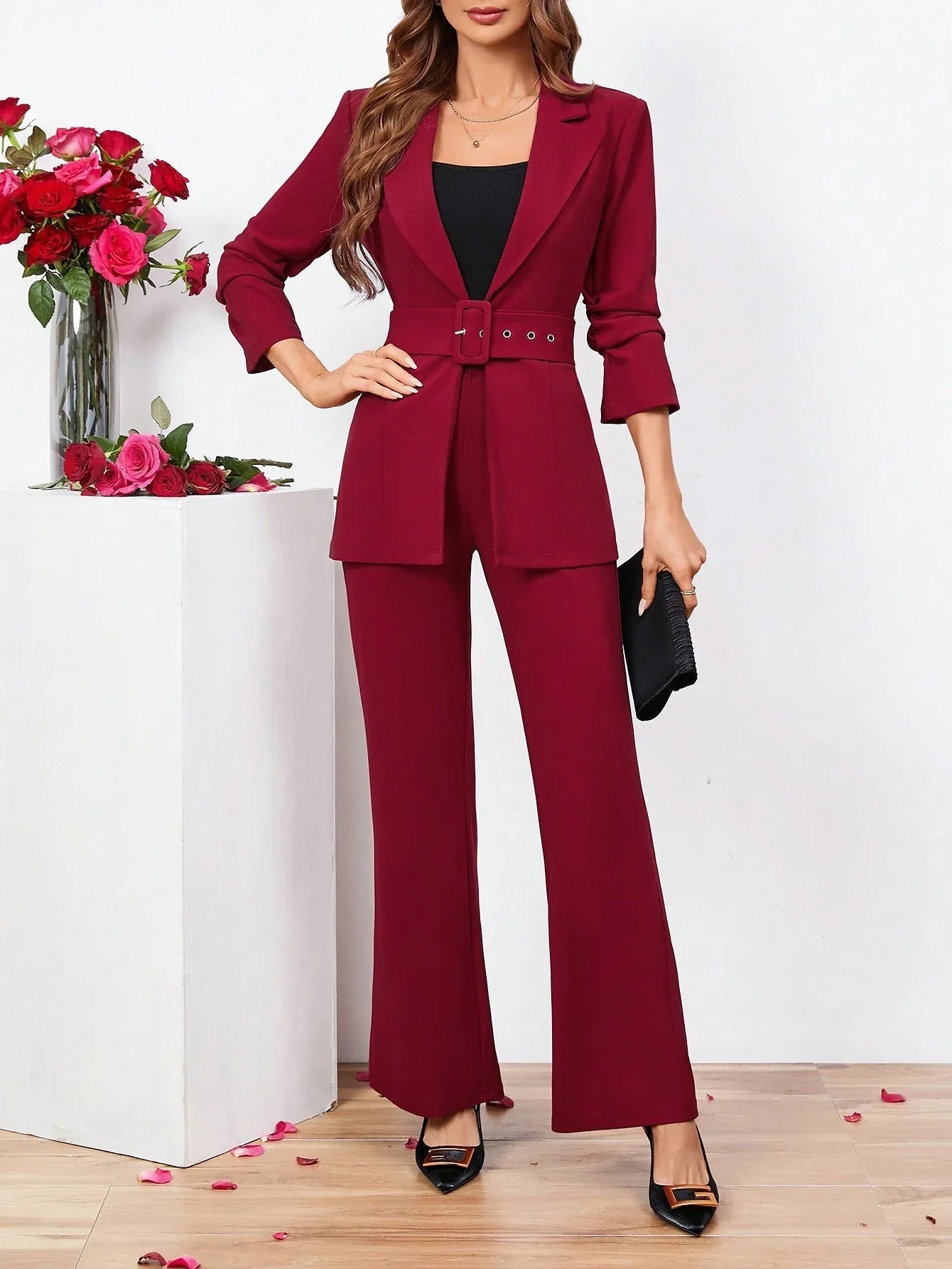 Clasi Ladies Belted Three-quarter Sleeve Suit With Pleats shein