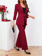 Clasi Ladies Belted Three-quarter Sleeve Suit With Pleats shein