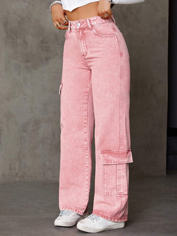 ICON Asymmetric Cargo Style Straight Leg Jeans With Pockets shein